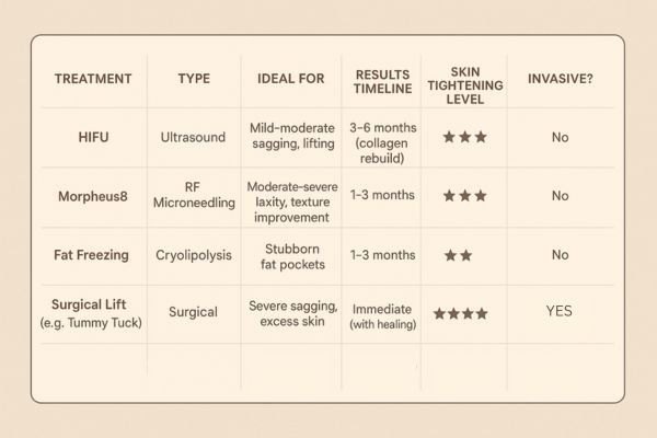 Table showing the comparisons of Skin tightening Hale End treatment options.